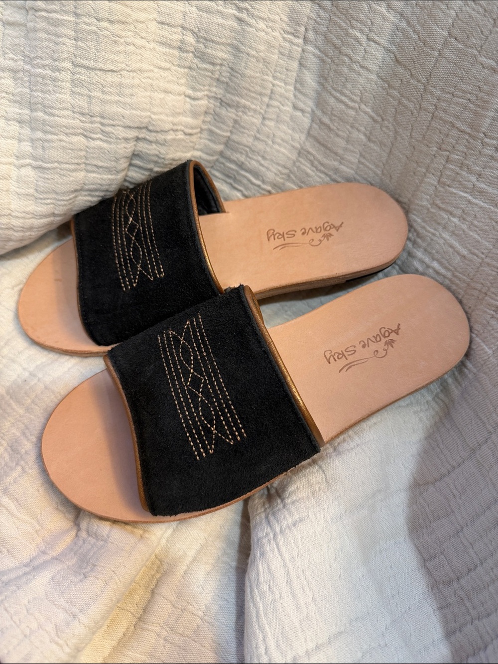 Black Suede Slide Sandals with Quilted Stitch Detail - Resort Style agave sky 7